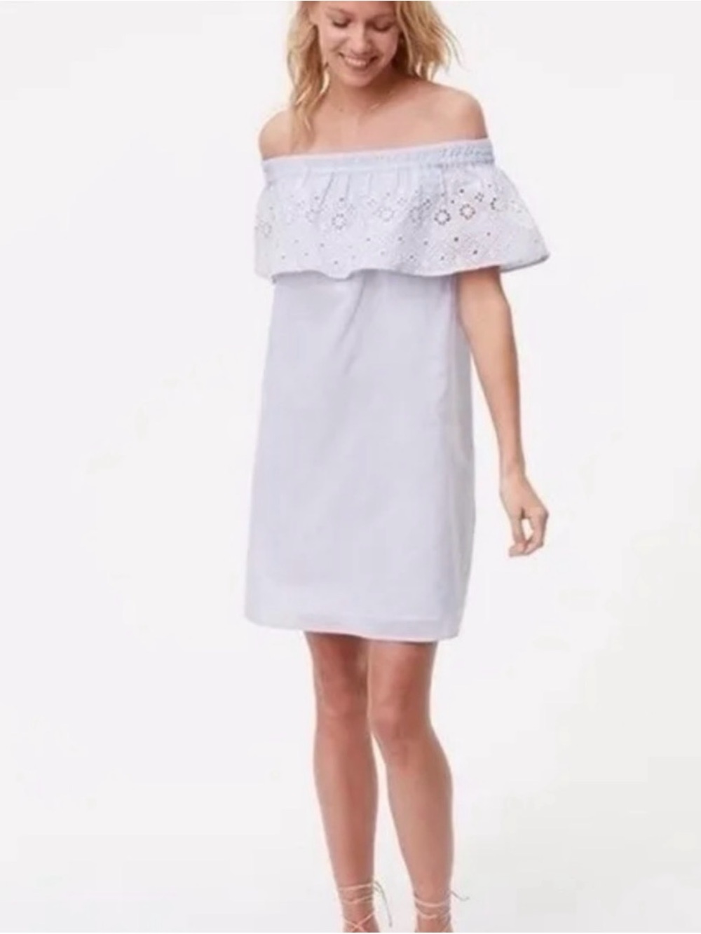 LOFT Light Blue One-Shoulder Eyelet Ruffle Dress